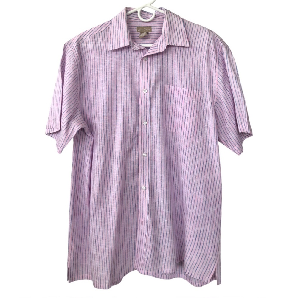 Linen Touch Men's Short Sleeve Blue Striped Button Down Pink Shirt (L)